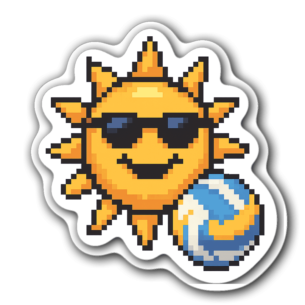 Pixel art sun with sunglasses and beach volleyball sticker
