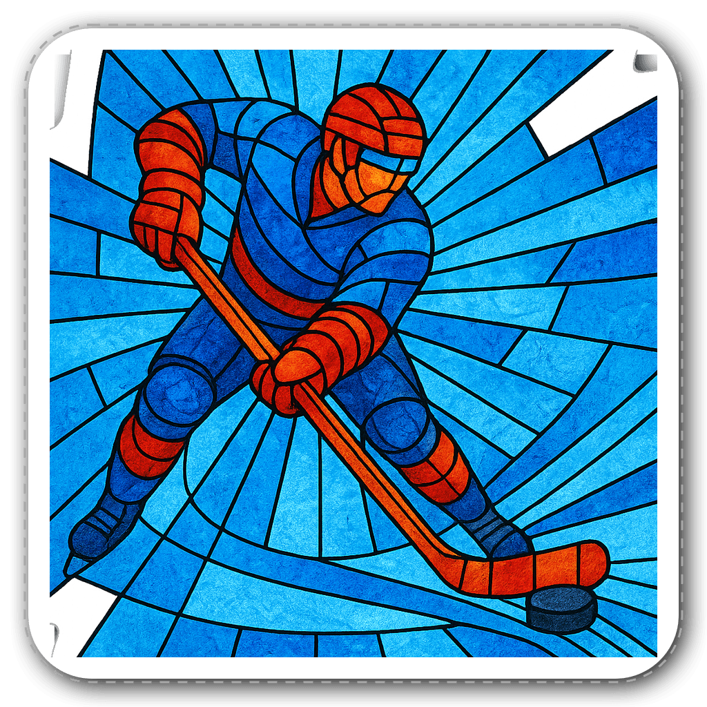 Stained glass sticker of a hockey player shooting a puck