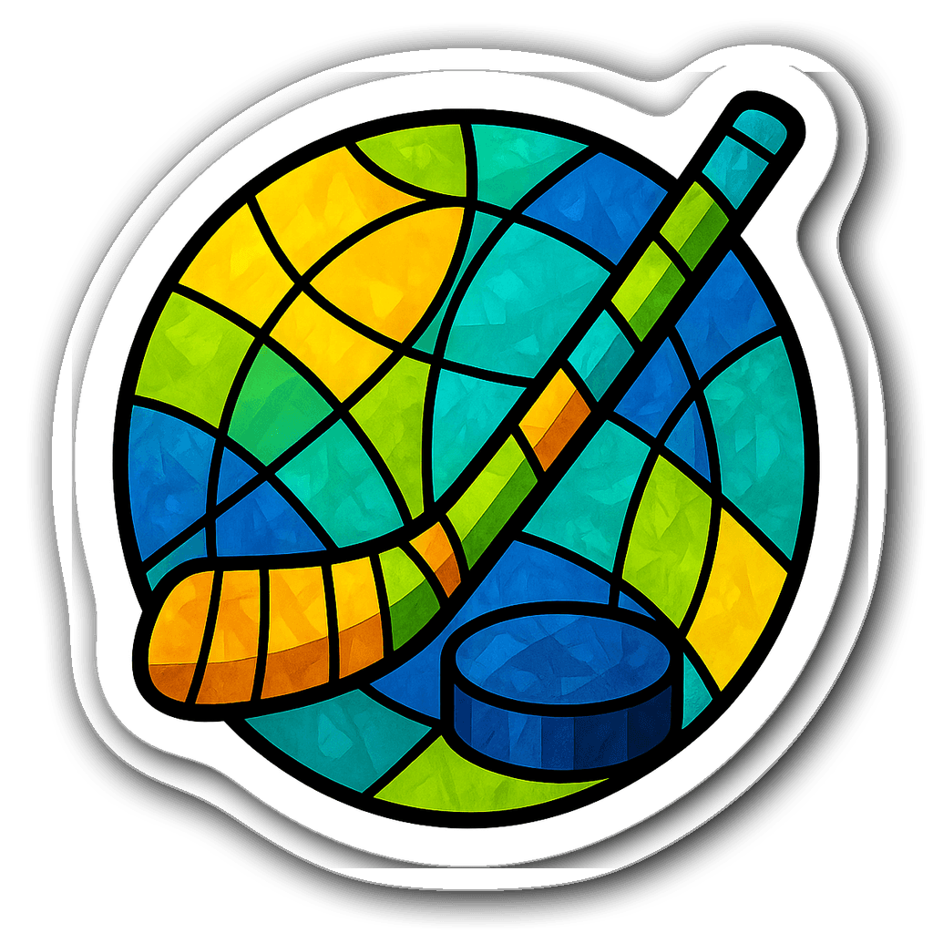 Stained glass design of a hockey stick and puck on transparent background