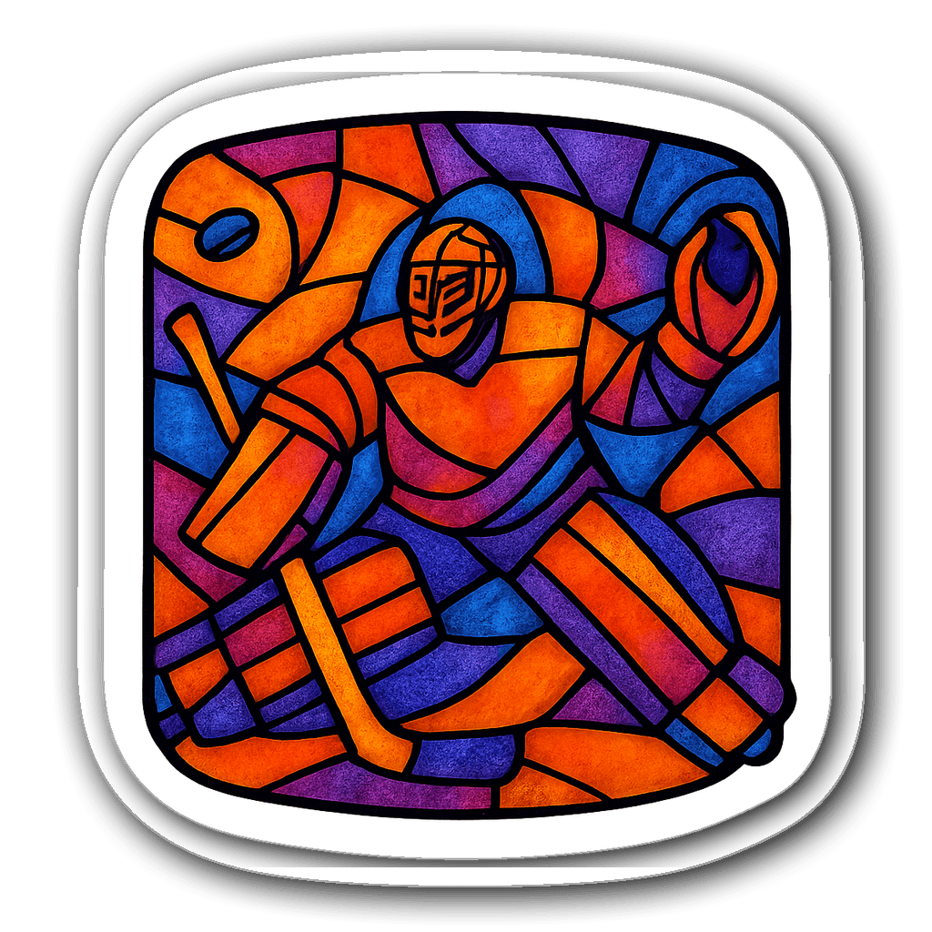 Stained glass sticker of a hockey goalie making a save
