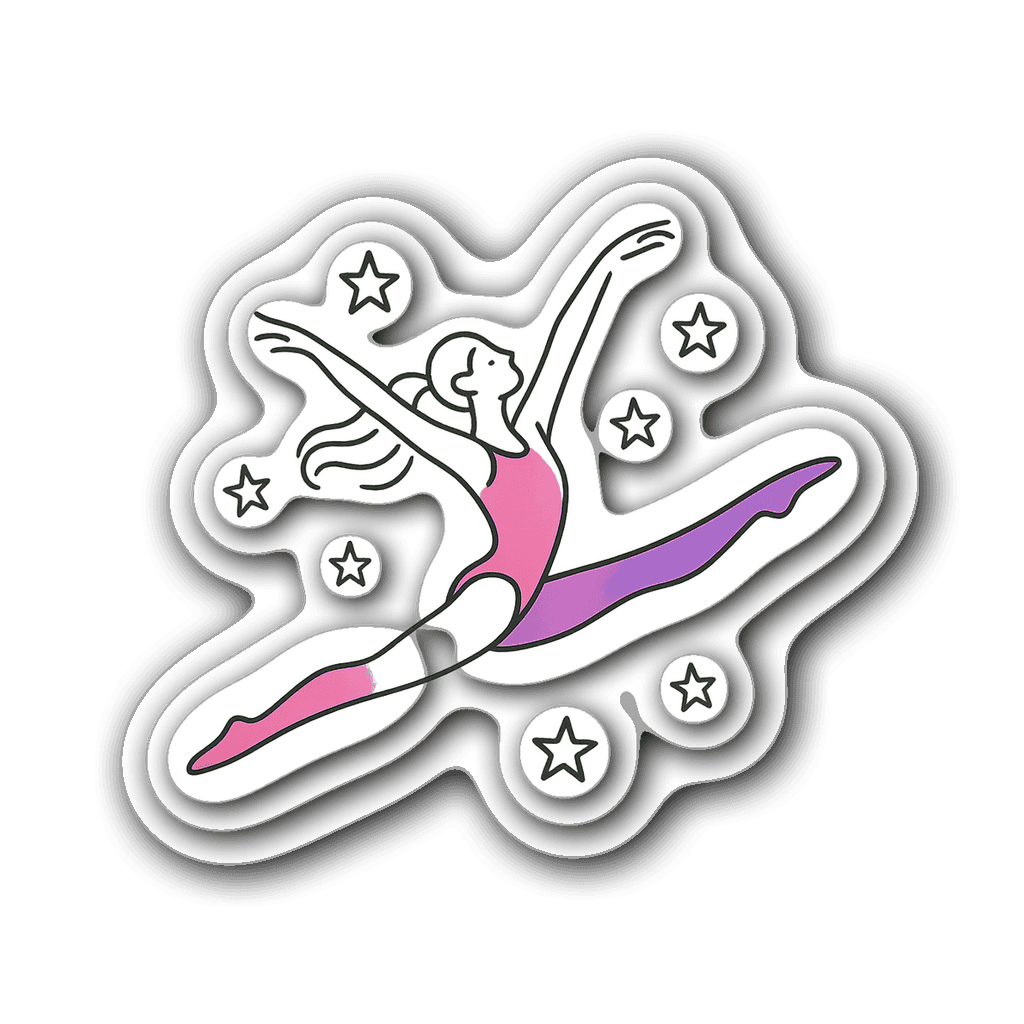 Minimalist line art gymnast sticker with pink and purple accents