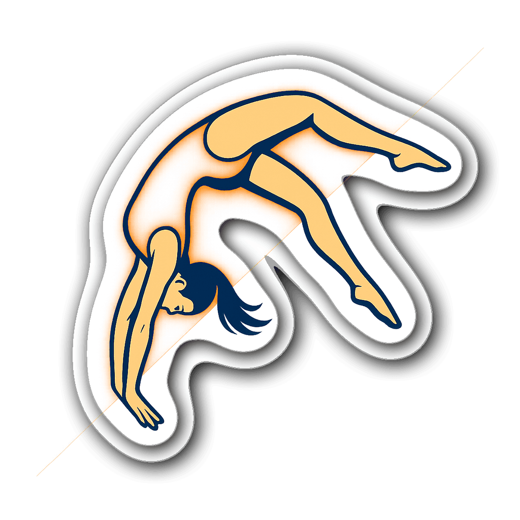 Die-cut sticker of a gymnast performing a back handspring in orange and blue