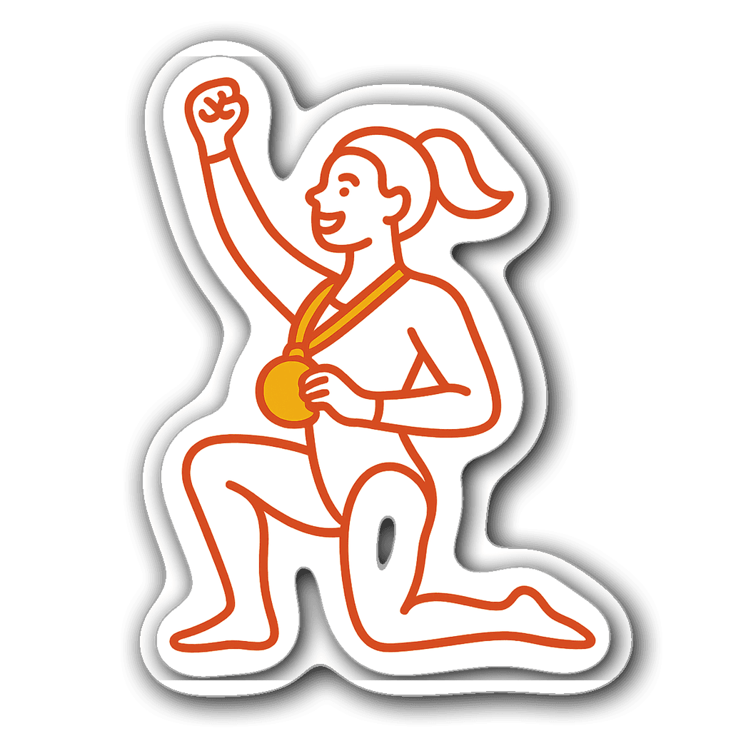 Minimalist gymnast sticker celebrating with a medal in red and gold