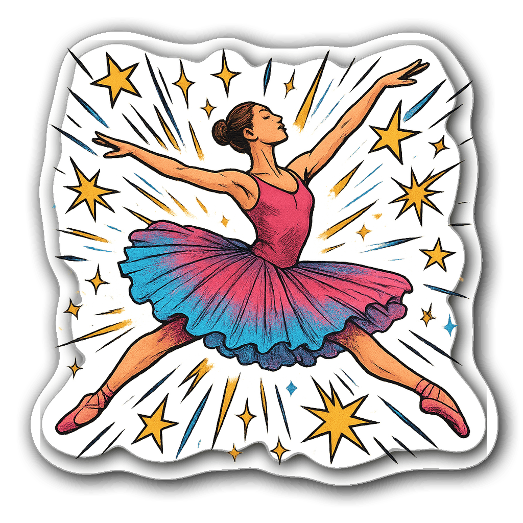 Energetic ballerina in a dramatic leap with stars and sparkles