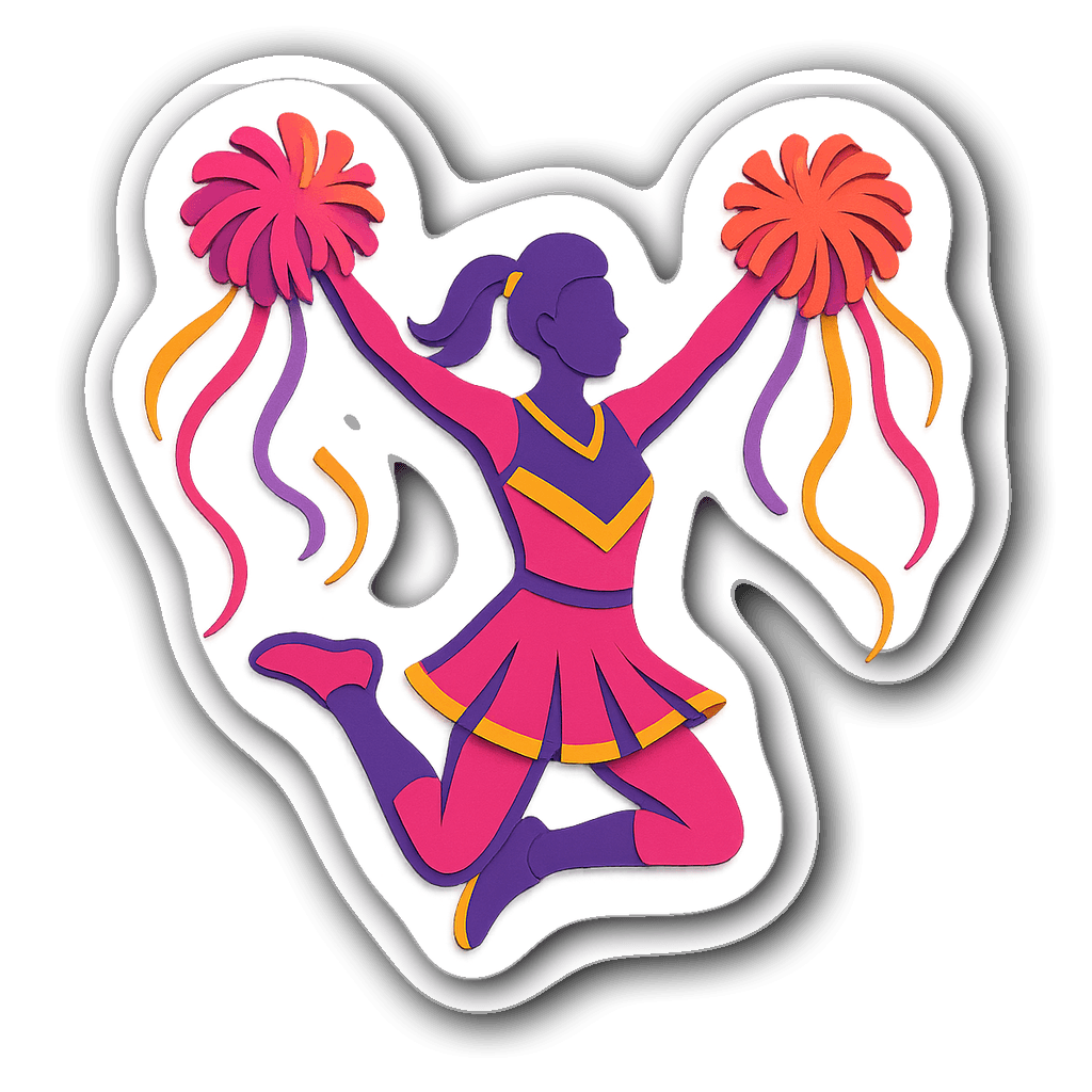Colorful cheerleader die-cut sticker with pom-poms and ribbons.