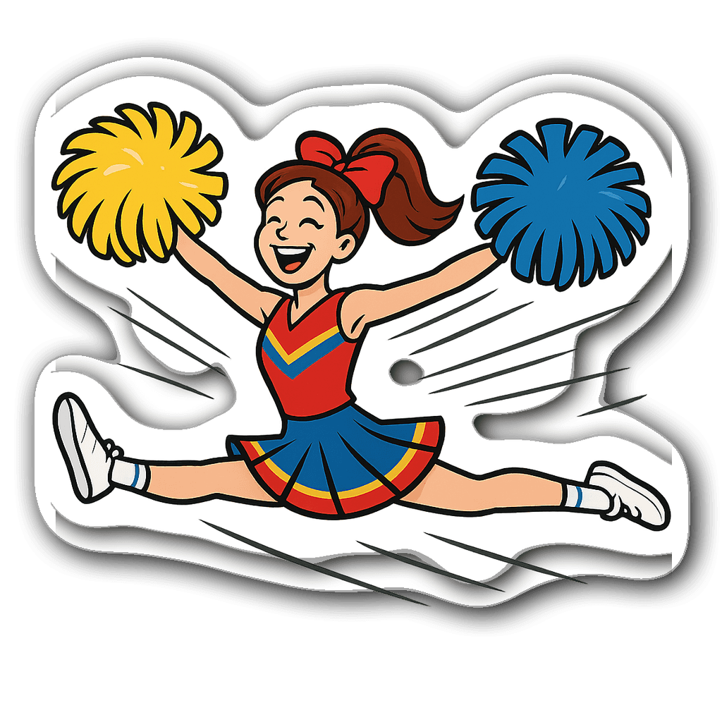Cheerleader performing a split leap with colorful pom-poms
