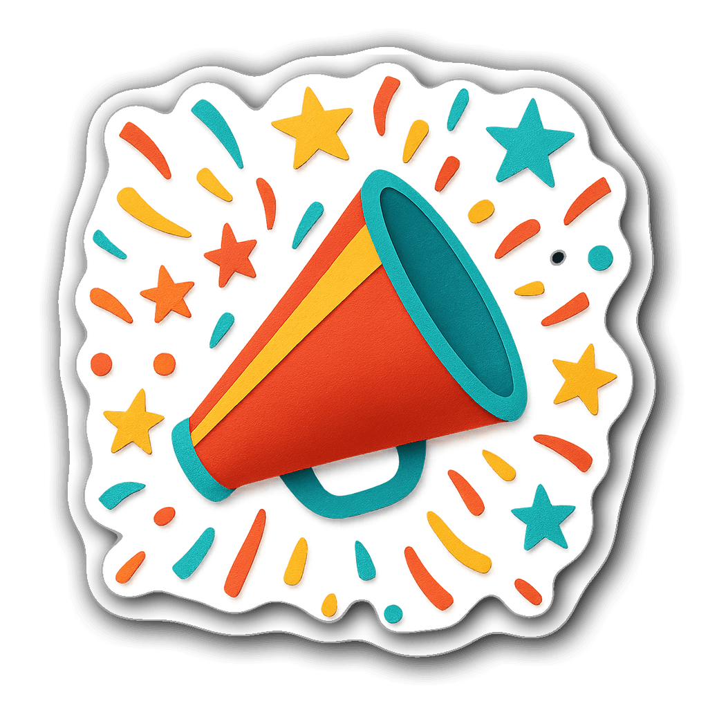 Vibrant cheerleader's megaphone sticker with stars and confetti