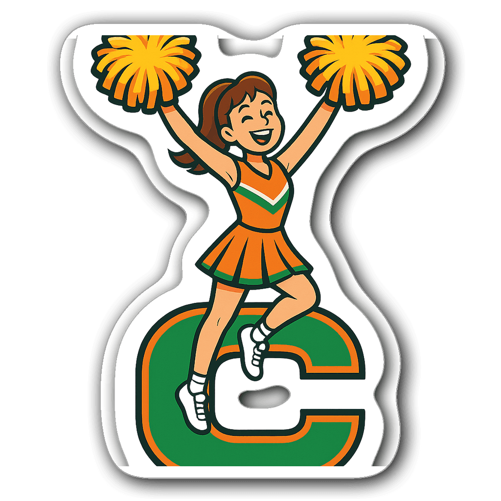 Cheerleader holding pom-poms on a colorful letter C