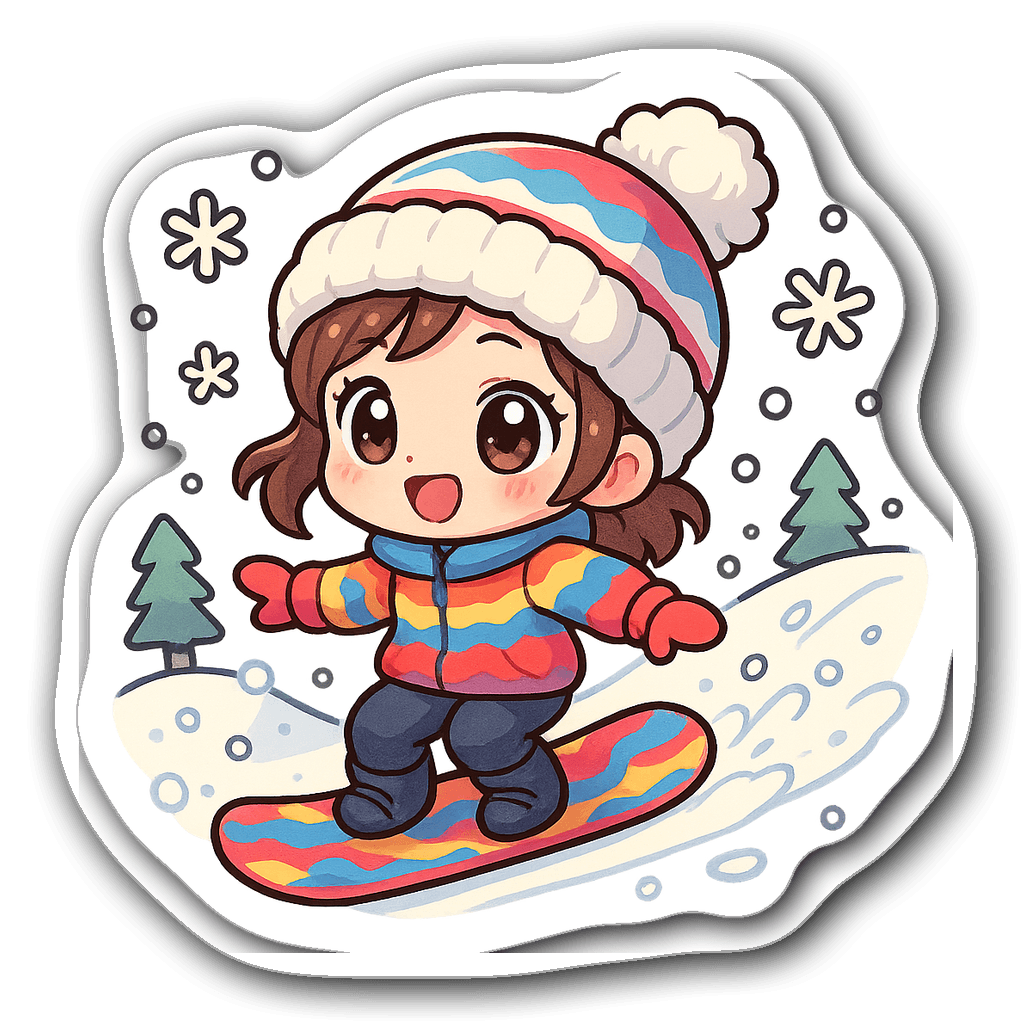 Cute chibi snowboarder with big eyes on a snow slope
