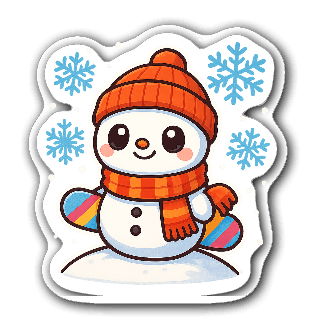 Kawaii chibi snowman with snowboard in vibrant colors