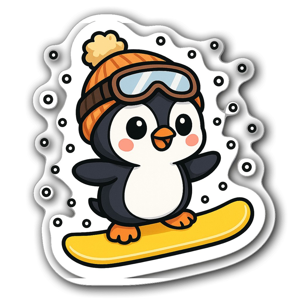Chibi penguin with big eyes on a yellow snowboard with snowflakes