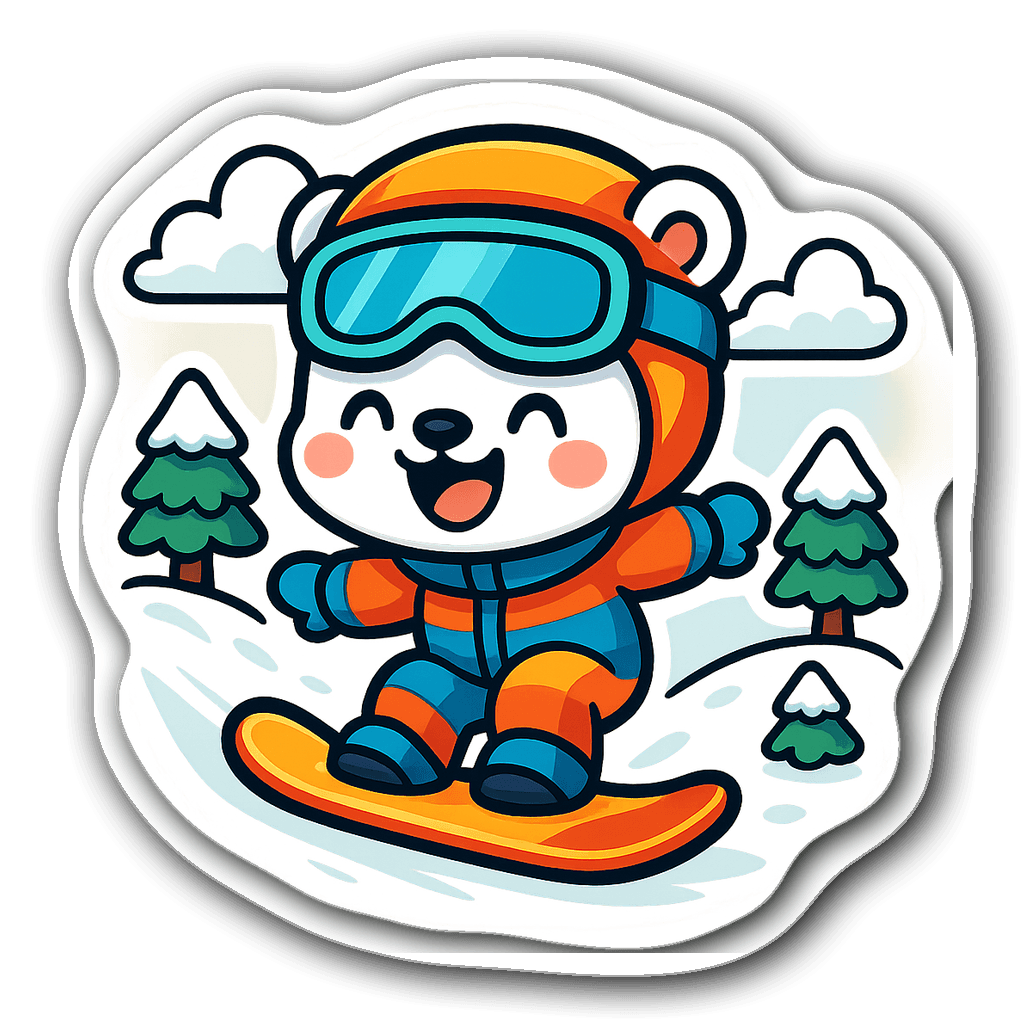 Chibi polar bear snowboarding with trees and clouds