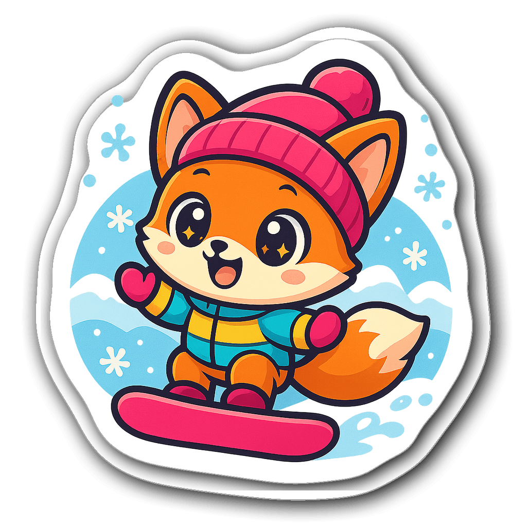Kawaii chibi fox in vibrant snowboard outfit sliding on pink snowboard