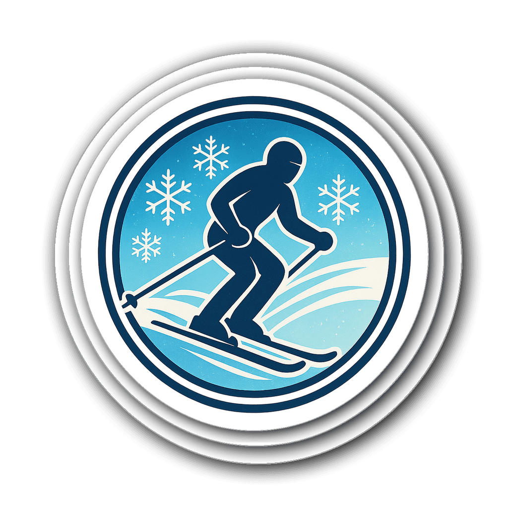 Retro-style ski silhouette sticker with snowflakes