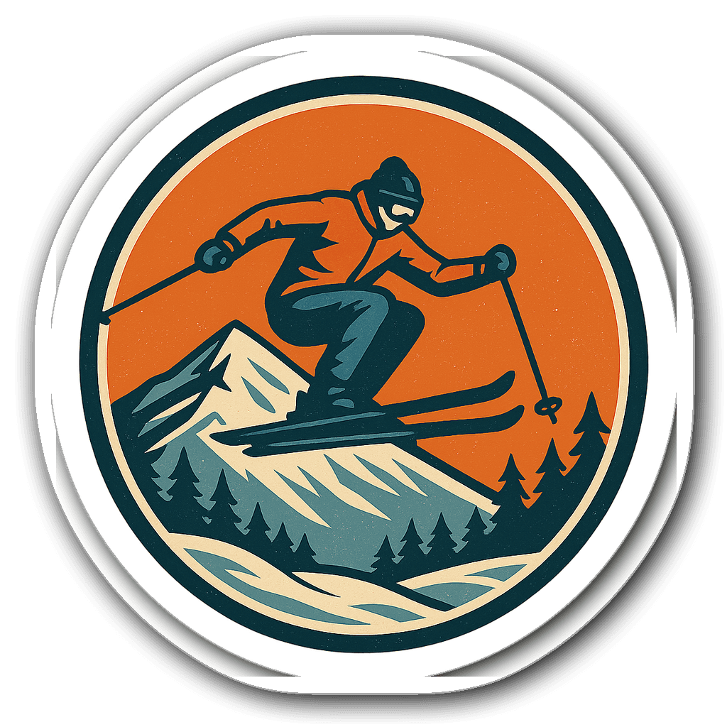Vintage skiing emblem sticker with a skier and mountains