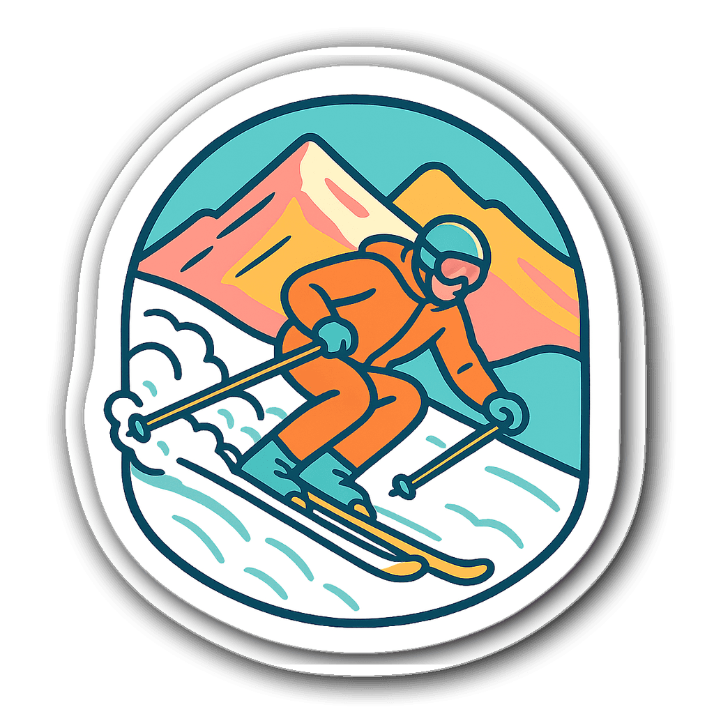 Lone skier carving through snow in pastel retro style