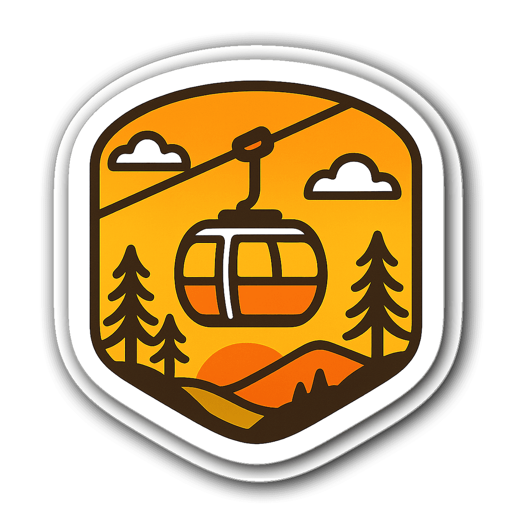 Retro ski lift badge sticker with sunset gradient background