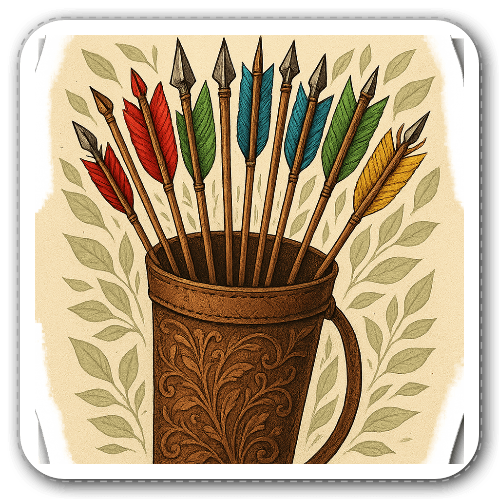 Colorful archery quiver filled with arrows and leaf patterns