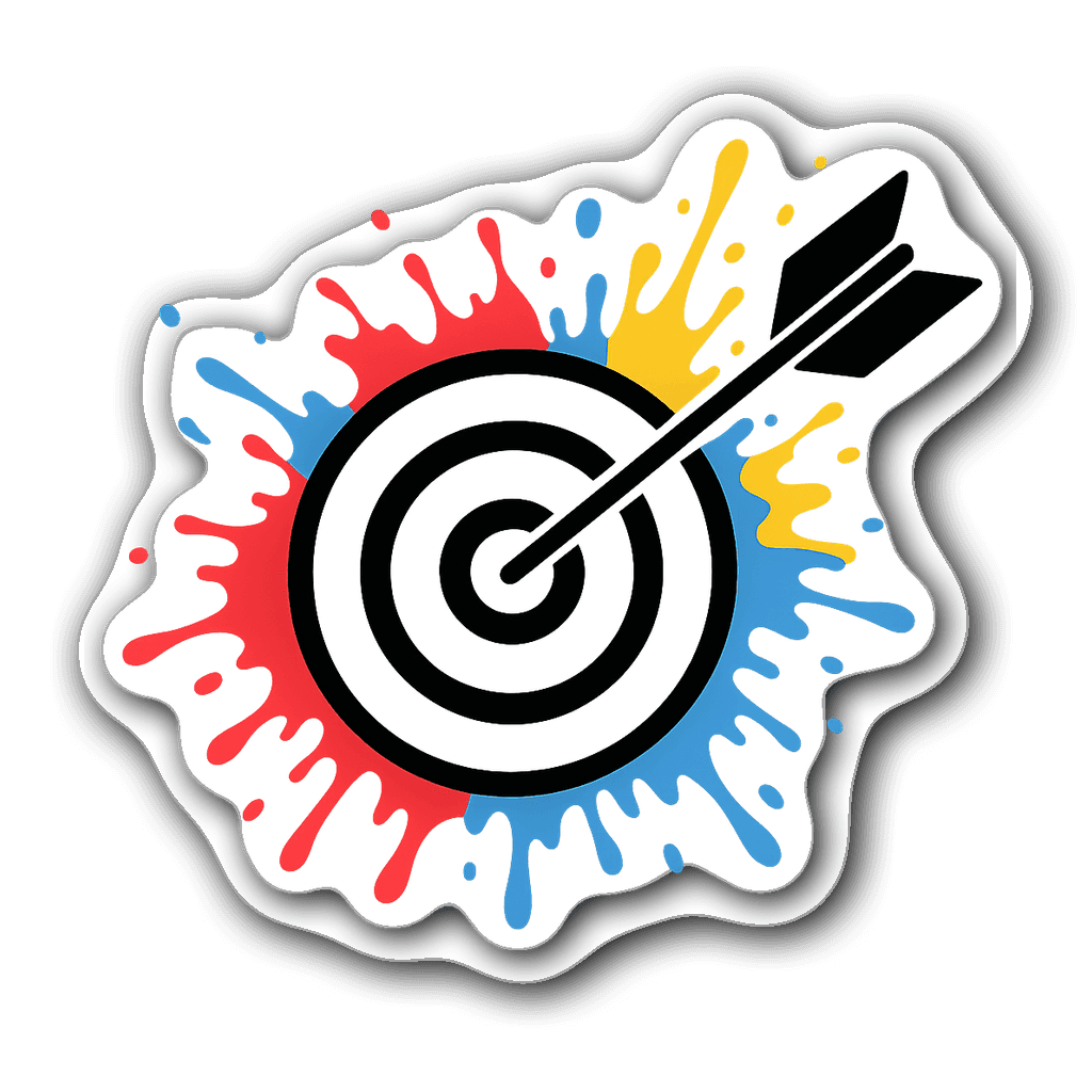 Archery arrow bursting through a colorful circular target sticker.