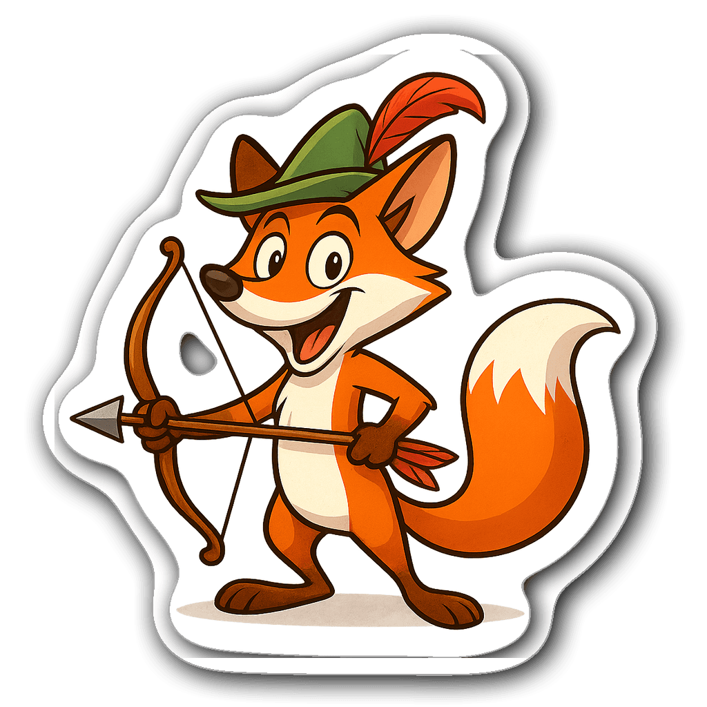 Cartoon fox dressed as an archer with bow and arrow