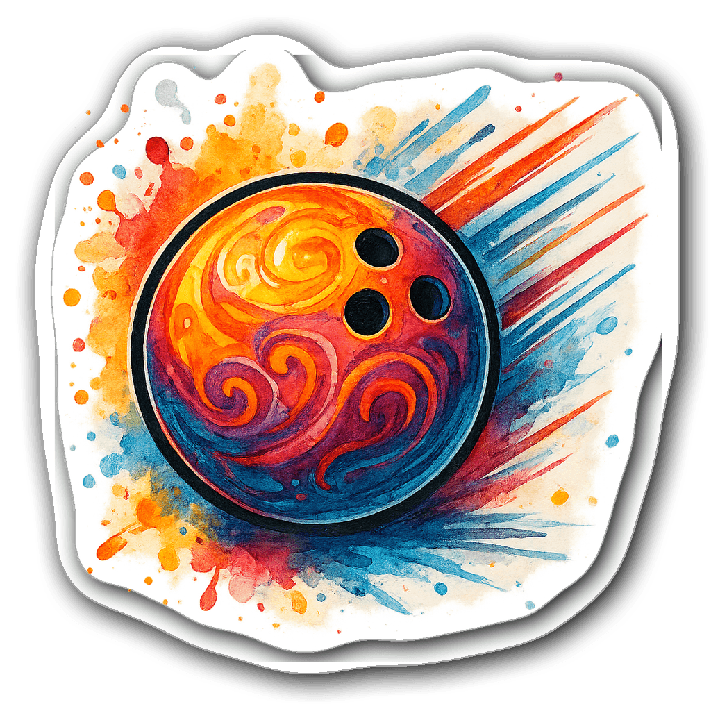 Vibrant watercolor bowling ball with dynamic colors and patterns