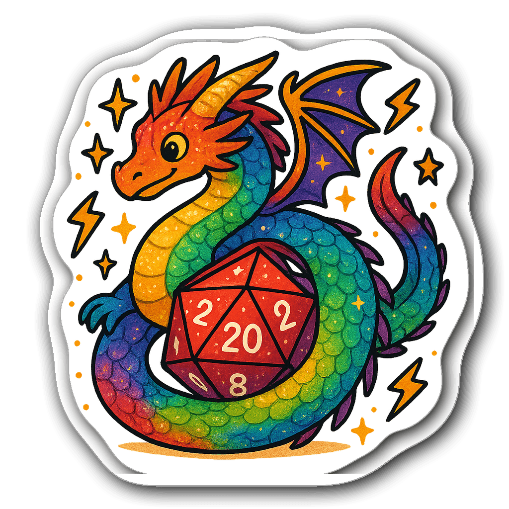 Whimsical dragon wrapped around a colorful D20 dice
