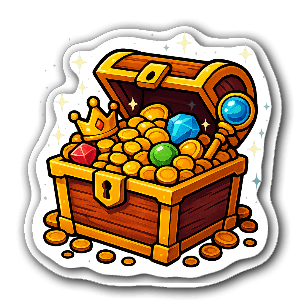 A vibrant treasure chest overflowing with gold and gems