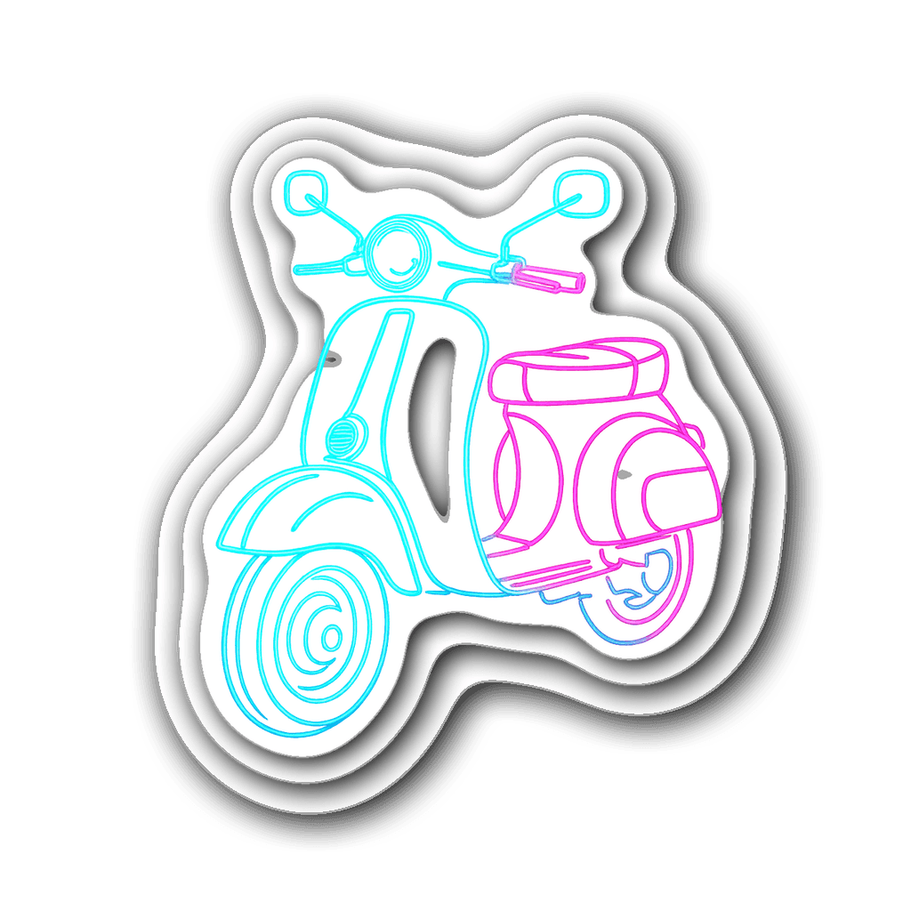 Neon glow outline of a classic Vespa scooter in turquoise and pink