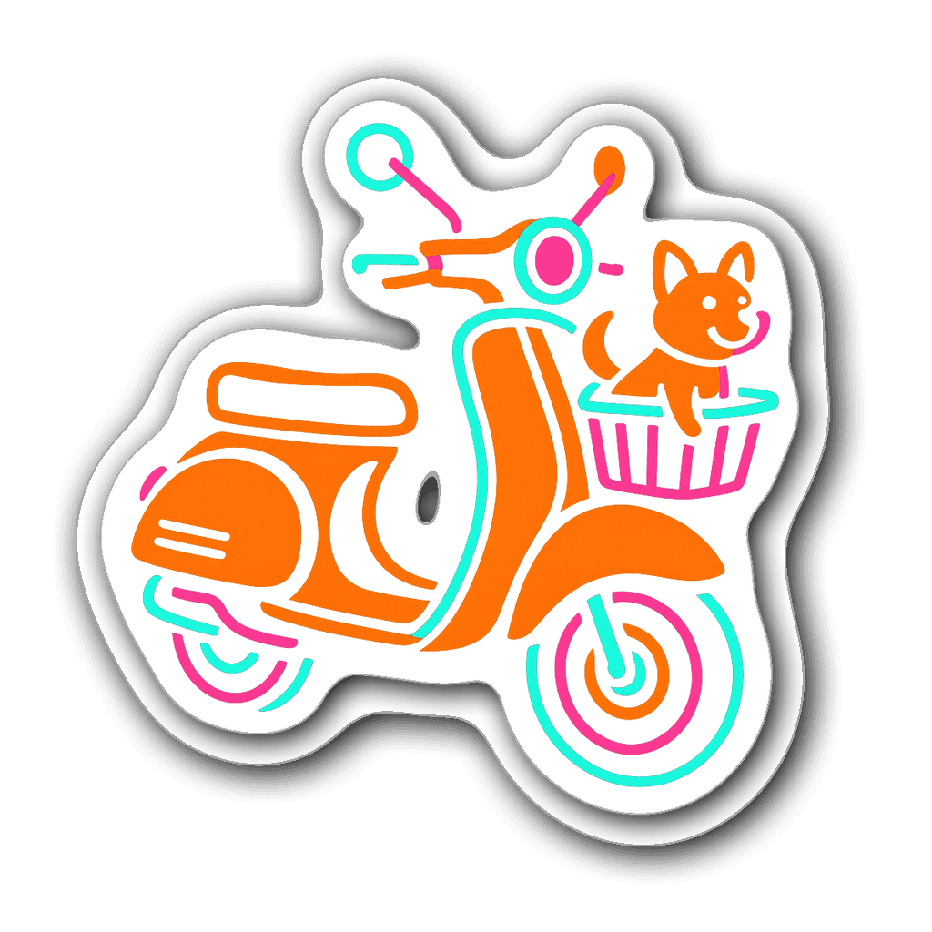 Neon Vespa sticker with a dog and sunglasses design