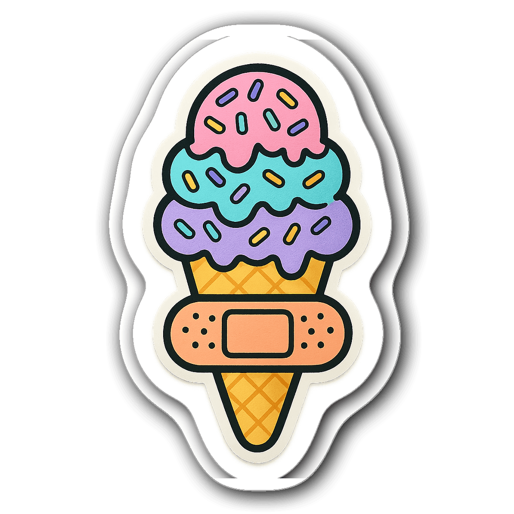 Whimsical ice cream cone bandaid sticker with sprinkles