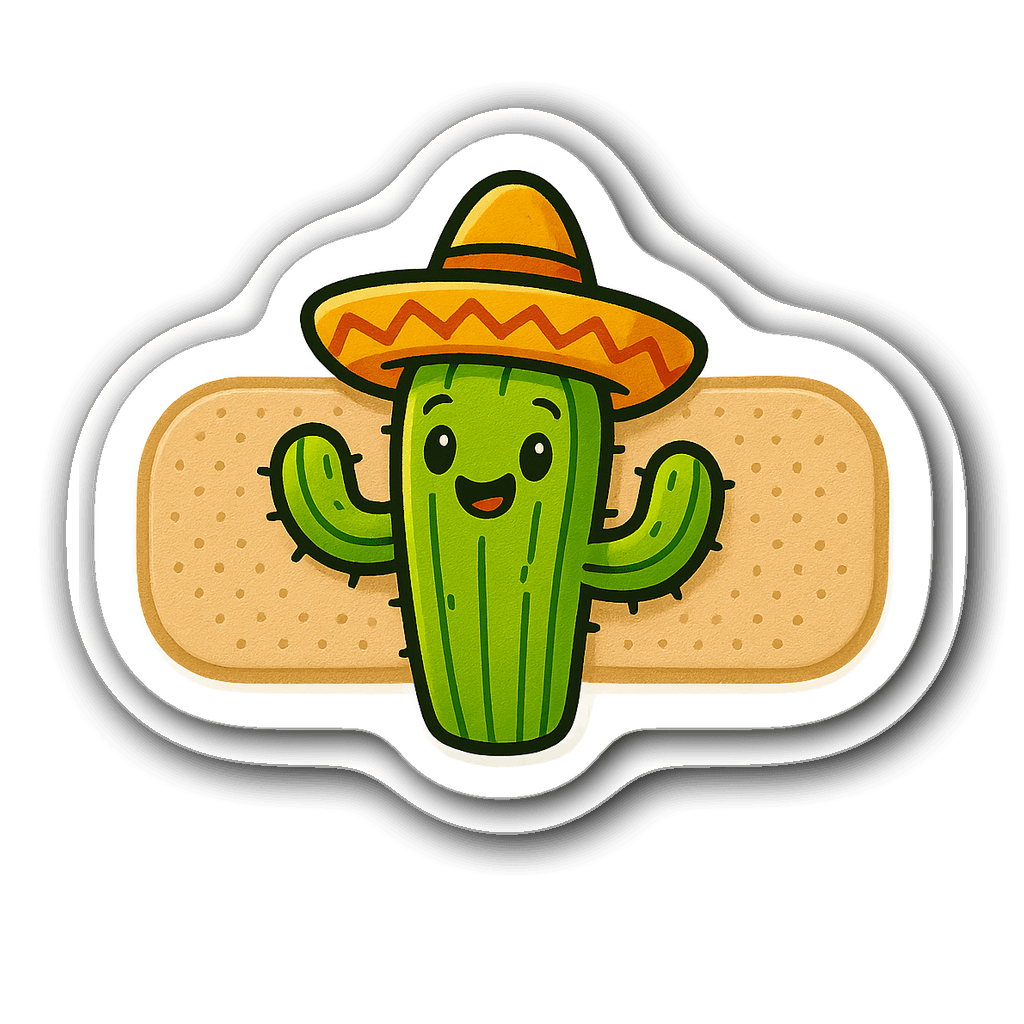 Cute cactus bandaid sticker with sombrero in vibrant colors