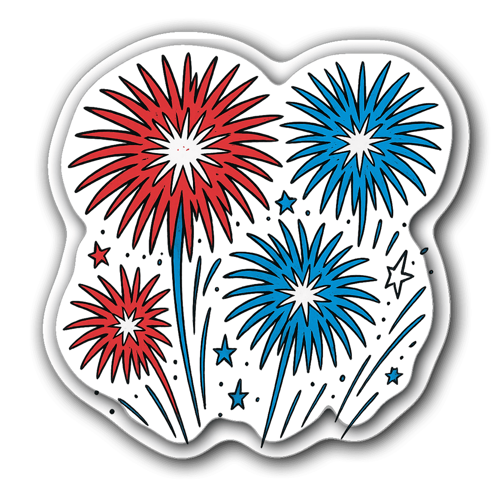 Comic book style fireworks sticker in red, white, and blue