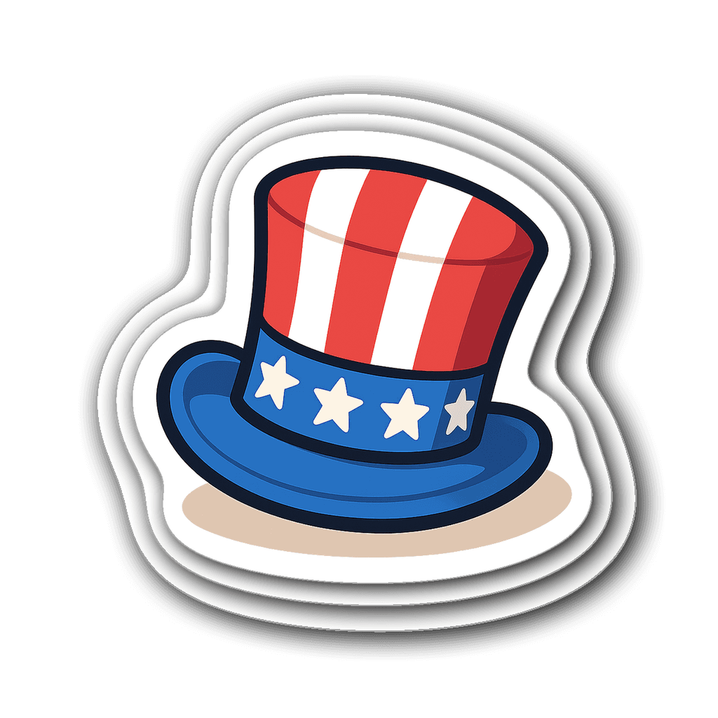 A cute cartoon-style Uncle Sam hat with stars and stripes.