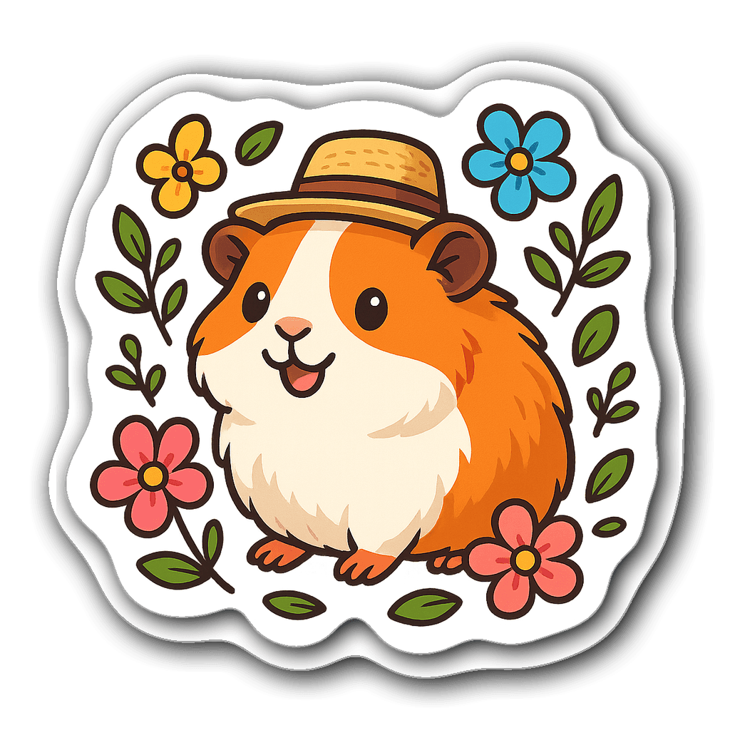Cheerful guinea pig sticker wearing a straw hat with flowers