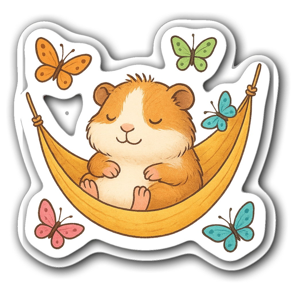 Guinea pig sitting in a cozy hammock surrounded by butterflies