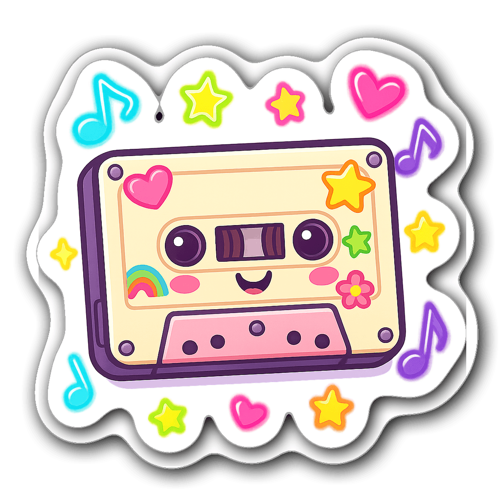 Kawaii chibi-style cassette tape with smiling face and musical notes