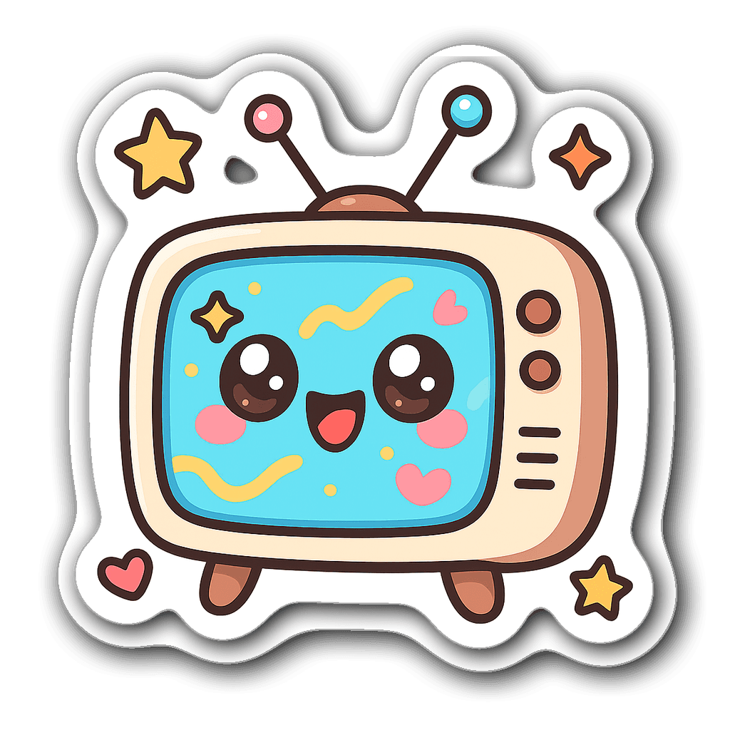 Kawaii chibi television sticker with big eyes and colorful antennas