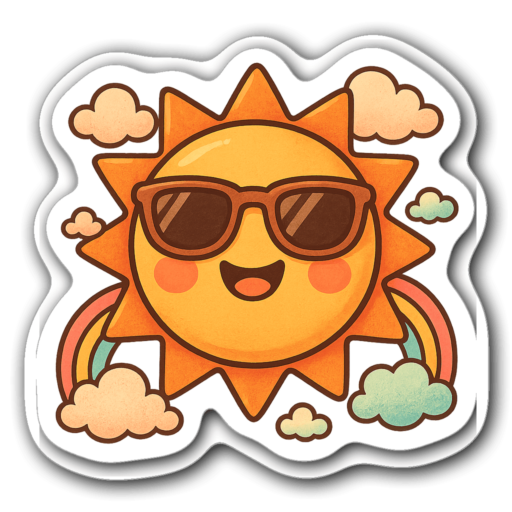 Kawaii chibi sun sticker with retro sunglasses and pastel clouds