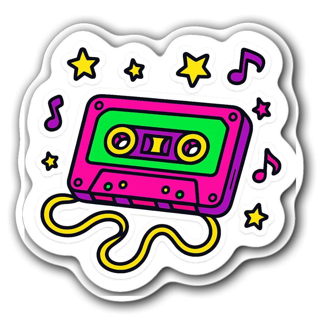 Colorful retro cassette tape surrounded by stars and music notes