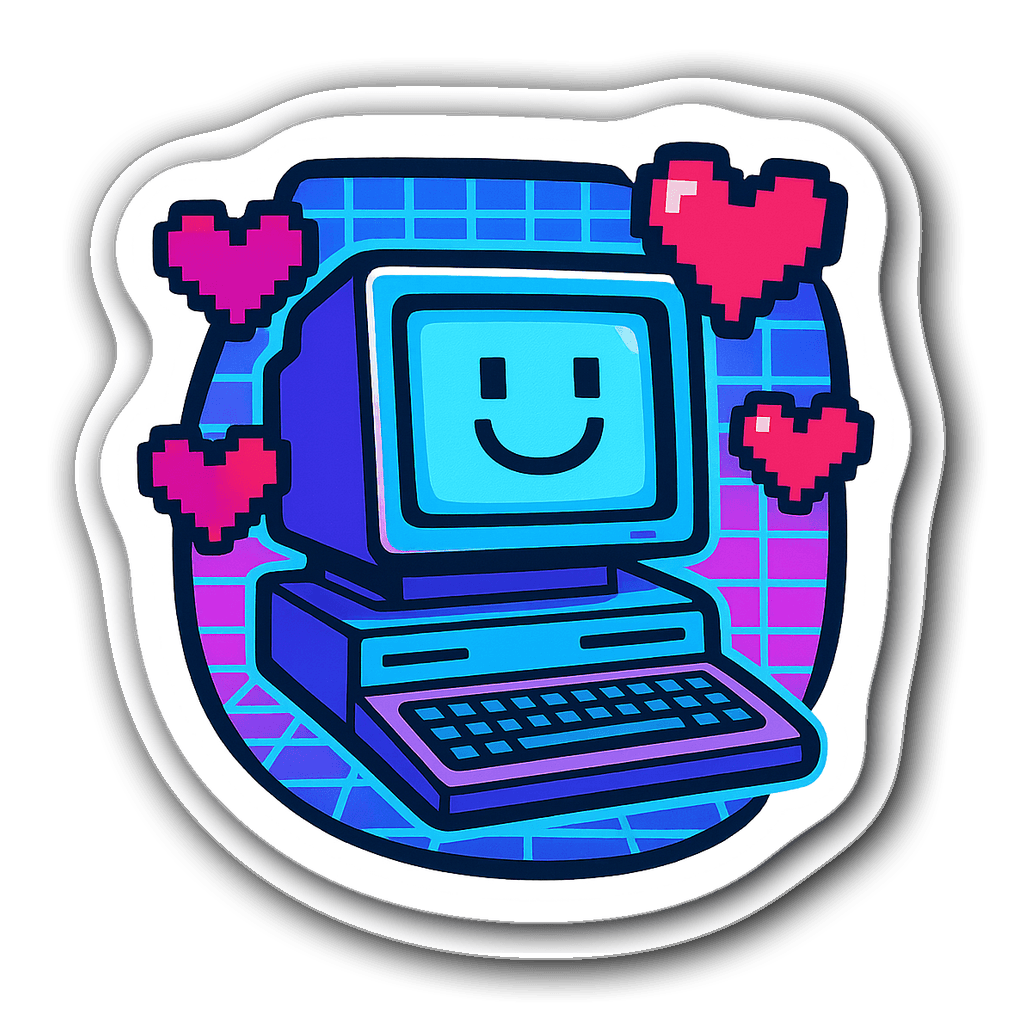 Retro personal computer sticker with smiling screen and hearts