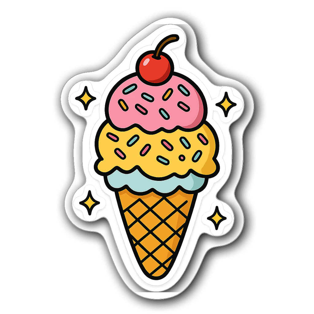 Whimsical oversized ice cream cone with three scoops and sprinkles