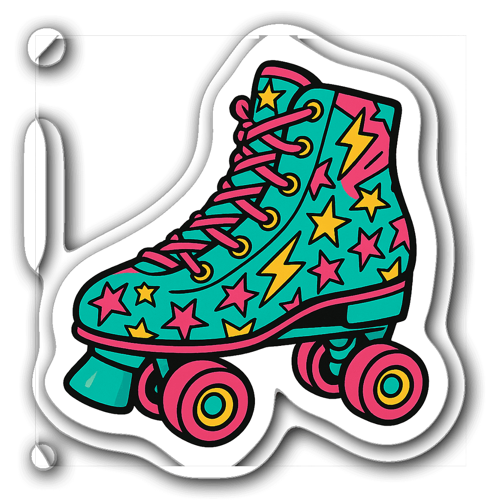 Funky 90s roller skate sticker in teal, pink, and yellow