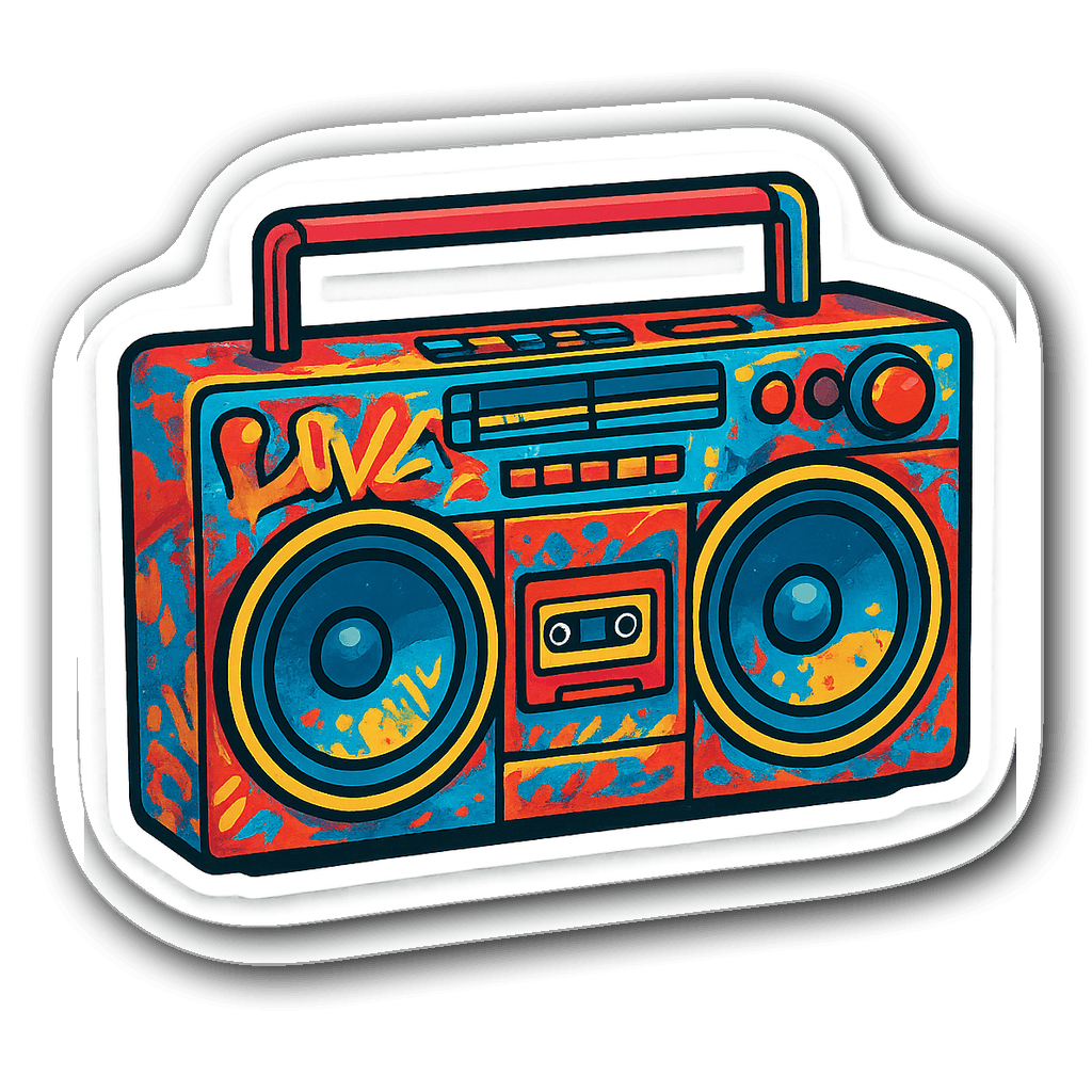 Bright retro-style boombox die-cut sticker with graffiti art.