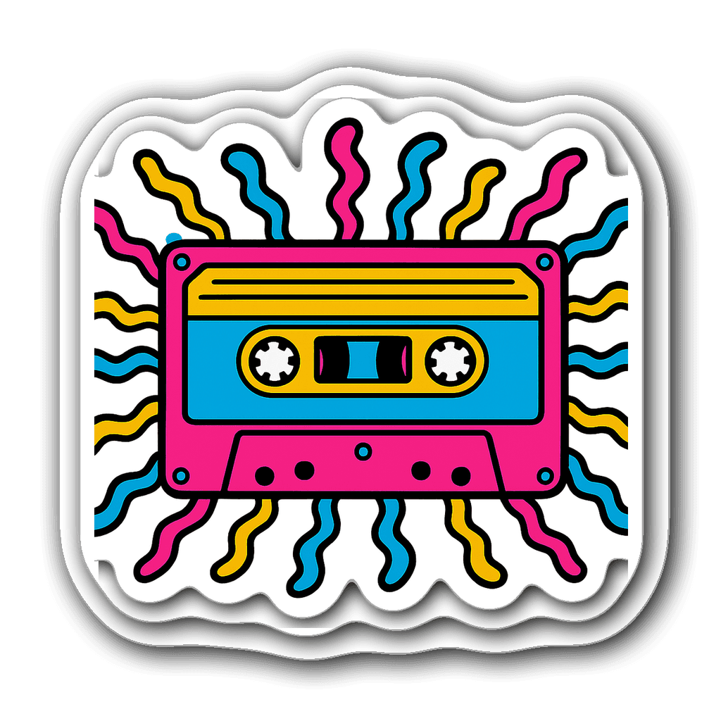 Y2K aesthetic vibrant cassette tape sticker with sound waves