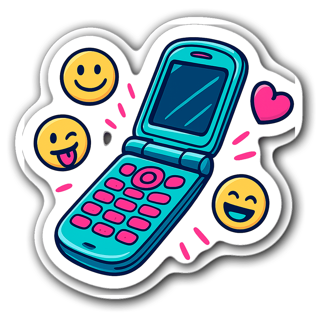 Colorful old-school flip phone sticker with emojis