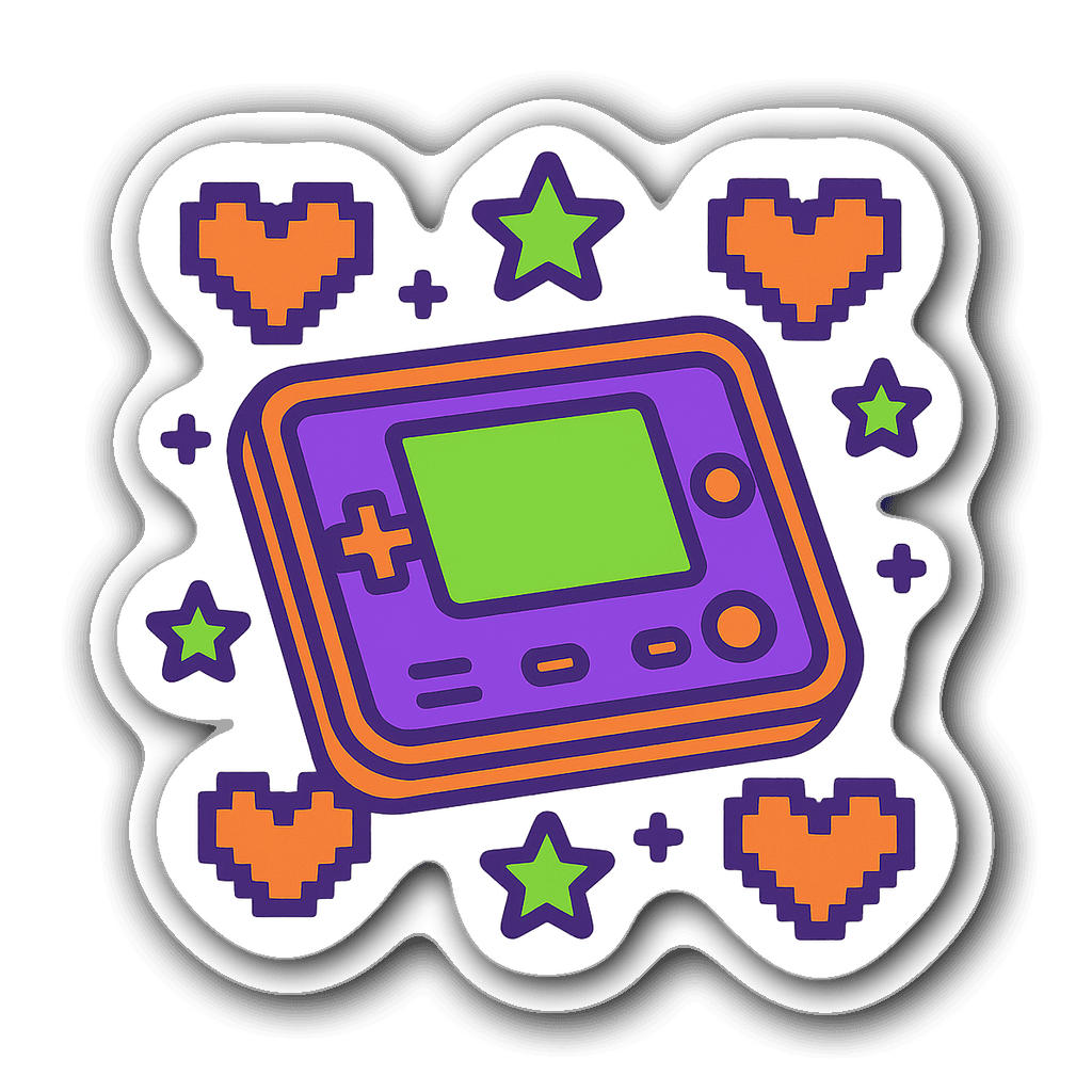 Retro gaming console sticker with pixelated hearts and stars