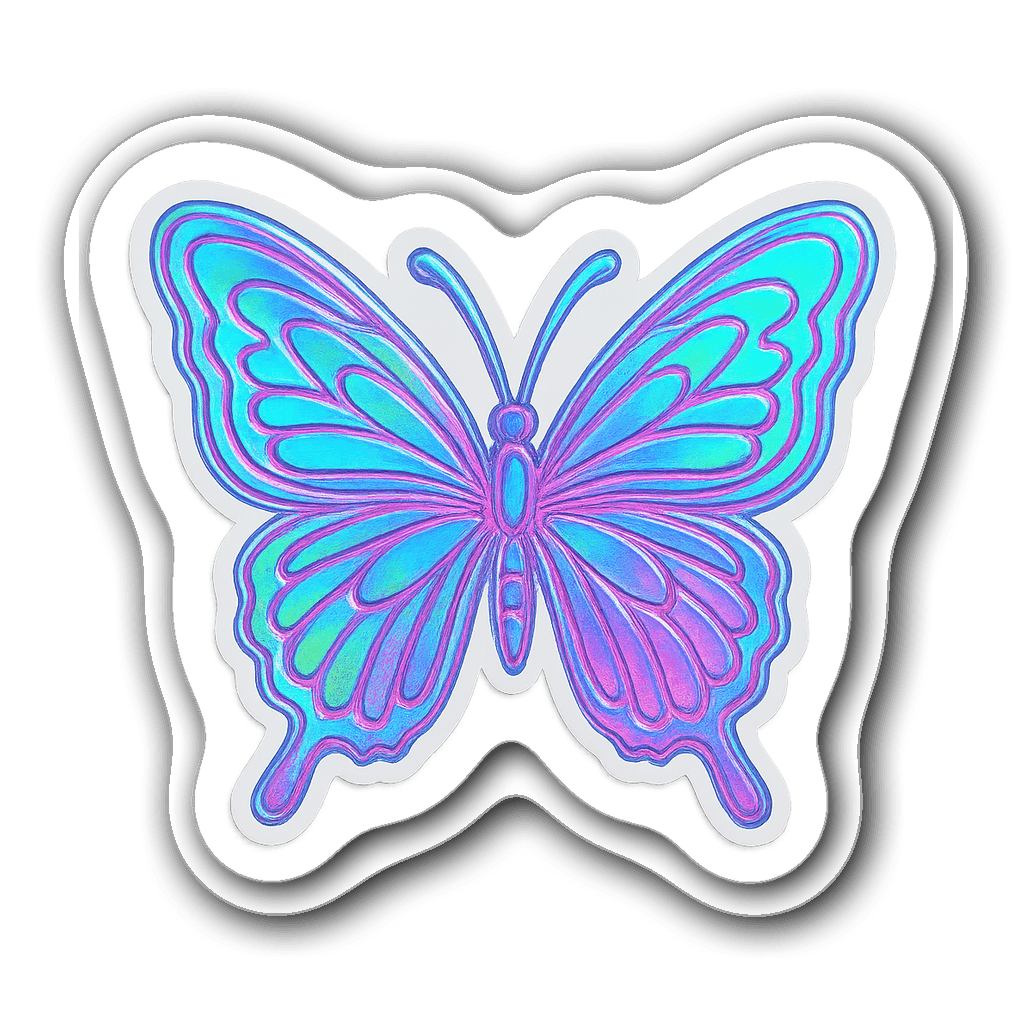 Holographic butterfly design with iridescent colors blending from blue to pink