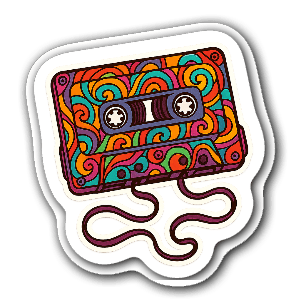 Classic cassette tape sticker with swirling patterns in vibrant colors.