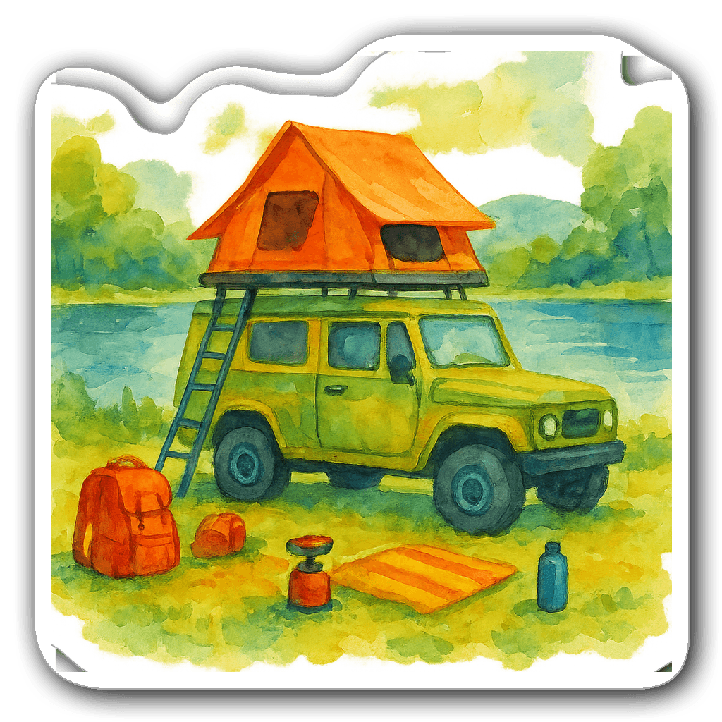 Camping truck with rooftop tent by a serene lake in watercolor
