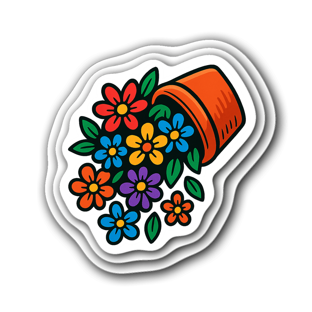 Artistic wall decal of a flower pot spilling colorful flowers